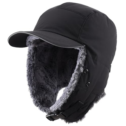 Connectyle Trapper Hat for Men Women Faux Fur Winter Hat with Ear Flaps Water-Resistant Hunting Hats Ushanka Skiing Cap - color: Black