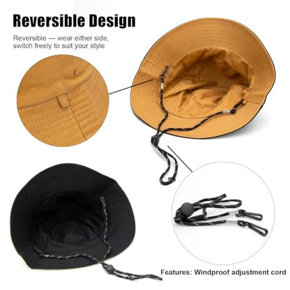 XXL Oversized Reversible Bucket Hat Beach Fisherman Sun Cap with Chin Strap for Women Men - color: Dark Khaki Black