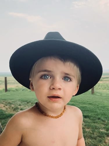 Kids Flat Brim Hat, Girls Wide Brim Felt Fedora Cap, Boho Western Cowgirl hat Fringe Hatband, Boys Panama hat Wool Style - color: Black