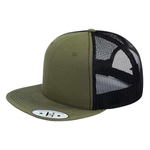DT-118 Blank 6-Panel Flat-Bill Snapback Trucker Hat - color: Olive and Black T6f-olct-b