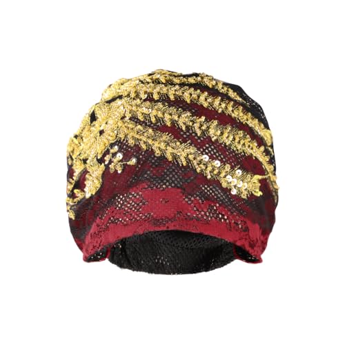 haozaikeji Women Flower Turban Hat Rhinestones Muslim Islamic Head Wrap African Pearl Turban Soft Stretchy Head Cover - color: Red-gold