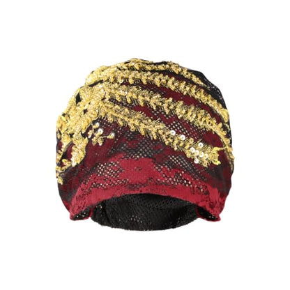 haozaikeji Women Flower Turban Hat Rhinestones Muslim Islamic Head Wrap African Pearl Turban Soft Stretchy Head Cover - color: Red-gold