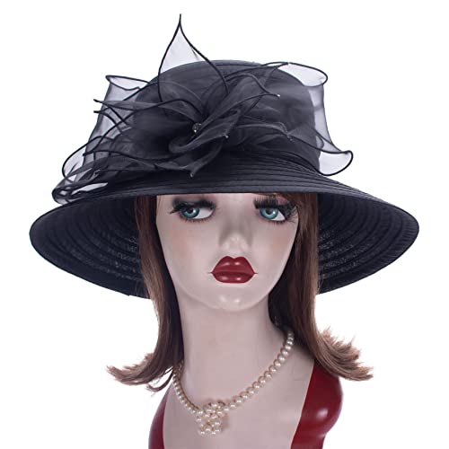 Womens Wedding Occasion Floral Wide Brim Church Dressy Sun Hat A323 - color: Black