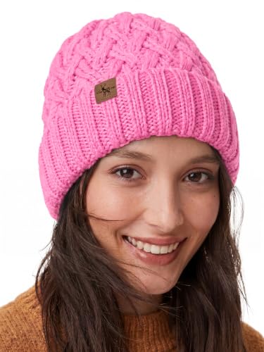 Winter Hats for Women Cable Knit Chunky Skull Cap Fleece Lined Thick Fold Cuff Beanie hat - color: Pink, style: Pineapple