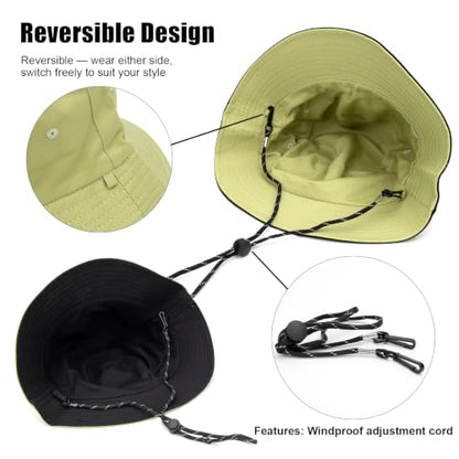 XXL Oversized Reversible Bucket Hat Beach Fisherman Sun Cap with Chin Strap for Women Men - color: Green Black