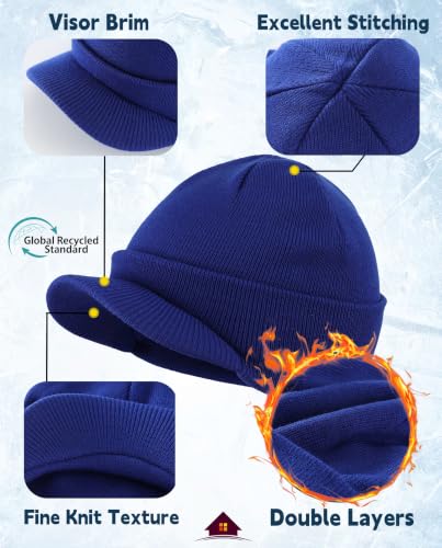 Home Prefer Men's Winter Beanie Hat with Brim Warm Double Knit Cuff Beanie Cap Watch Radar Hat - color: Bright Royal