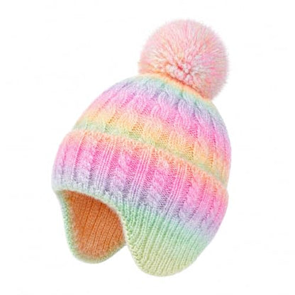 Girls Rainbow Earflap Beanie, Kids Pom Pom Knit Winter Ski Hat Ages 3-8 - color: Pompom - Rainbow