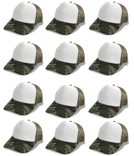 12 Pcs Sublimation Blank Trucker Hats Bulk Mesh Snapback Baseball Cap Mesh Trucker Caps for Men and Women DIY Custom Hats - color: Camo White
