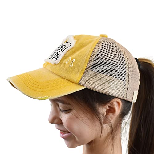C.C. Childrens' Kids' Girls' Criss Cross High Bun Adjustable Mesh Trucker Baseball Cap - color: Bee Happy, Yellow