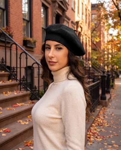 Cotton Knitted Women Beret Hat, French Style Solid Color Beret, Winter Autumn Warm and Soft Beanie Hat - color: Black