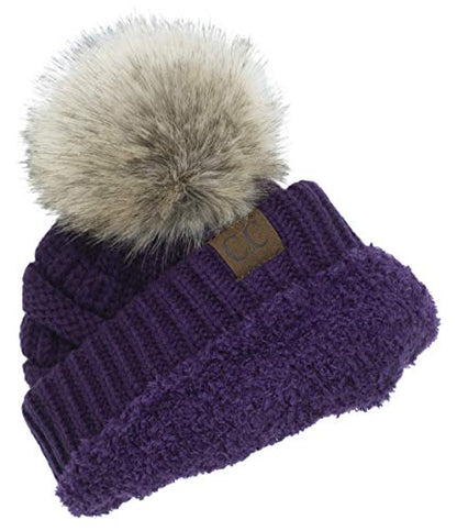 C.C Trendy Fuzzy Fleece Lined Warm Comfortable Soft Stretch Cable Knit Ribbed Faux Fur Pom Pom Beanie Hat - color: Deep Purple