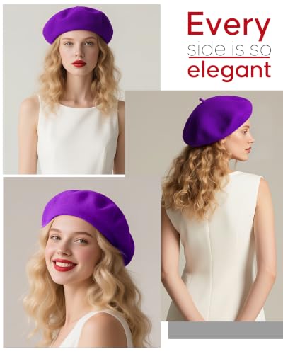 French Beret Hats for Women - Wool Solid Color Beanie Cap - color: Grape Purple