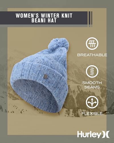 Hurley Womens Ribbed Cable Knit Cuff Beanie Hat with Pom - color: Photo Blue