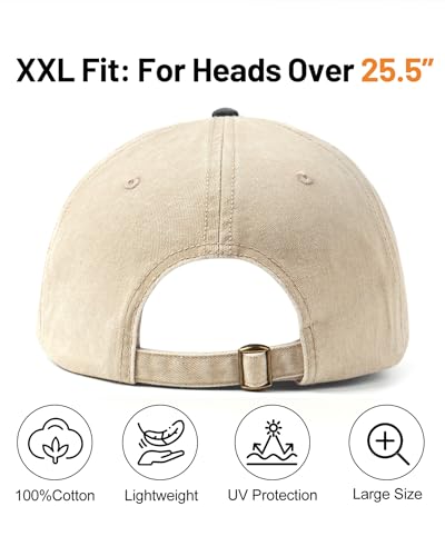 Zylioo XXL Baseball Cap for Big Heads Men Women, Washed Denim Dad Hat - color: Beige-black, size: X-Large-XX-Large