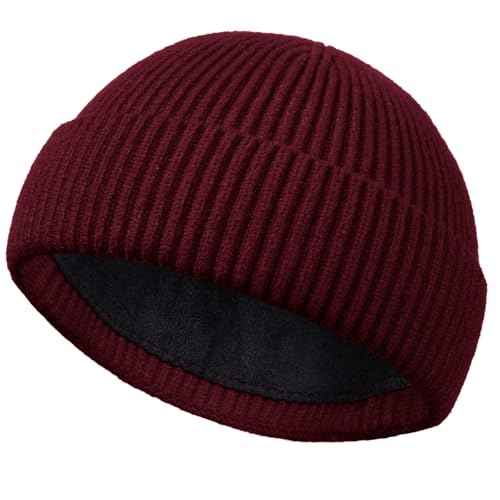 Short Fisherman Beanie for Men Women Wool Fleece Lined Winter Hat - color: 1pcs-wine Red