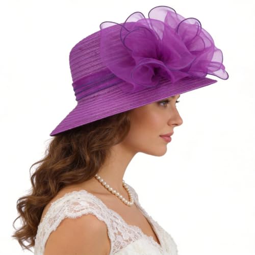 Ruphedy Women Derby Church Dress Bucket Hat Fascinators Tea Party Wedding Hat - color: S051-purple