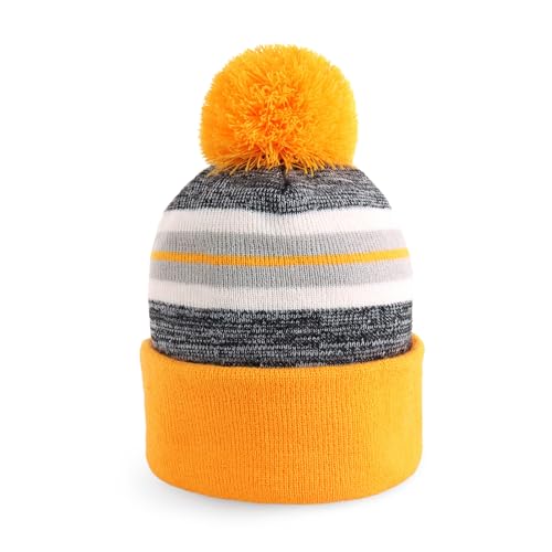 Pom Pom Beanie Cuffed Knit Winter Hat Skull Cap Striped Novelty Men Women - color: (Gold)