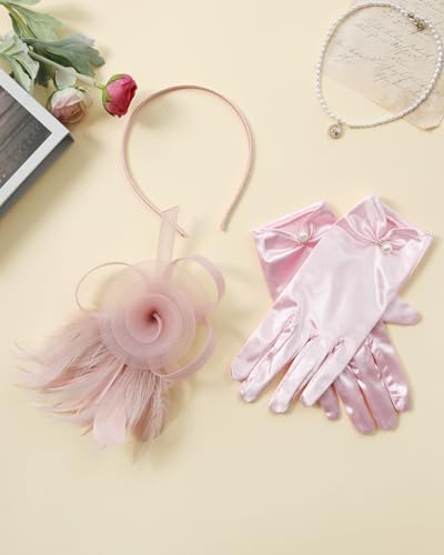 2Pcs 50s Fascinators Hats for Women Wedding Cocktail Flower Mesh Ribbons Feathers Church Tea Party Hats and Lace Glove - color: Pink