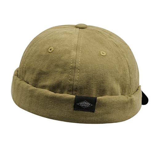 Clakllie Retro Docker Hat for Women Men Cotton No Brim Hat Adjustable Brimless Cap Worker Sailor Cap No Visor Beanie Hat - color: S-ct84-khaki