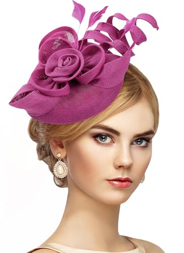 Zinniday 2026 Victoria Derby Fascinator - Kentucky Church Hats 1920s 50s Vintage Tea Party Hat with Hair Clip for Women - color: Rose Red