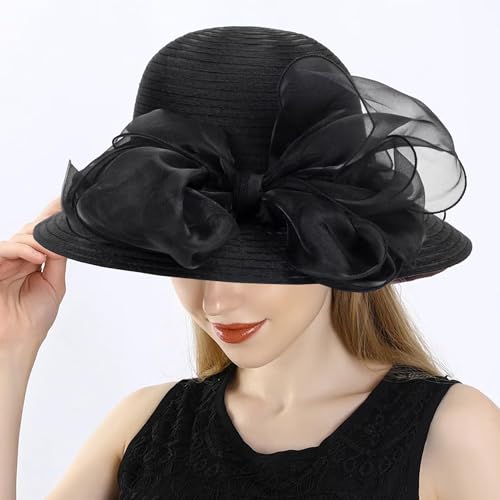 Kentucky Organza Sun Hat Summer Derby Hat Women Bowler Church Fascinators for Tea Party Wedding Cocktai - color: Black-bowknot