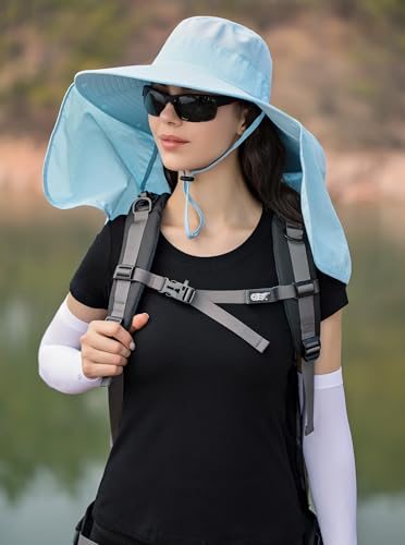 HUAMULAN Women Men Wide Brim Sun Hat Hiking Fishing Hats with Neck Flap - color: Blue With Mesh Panel