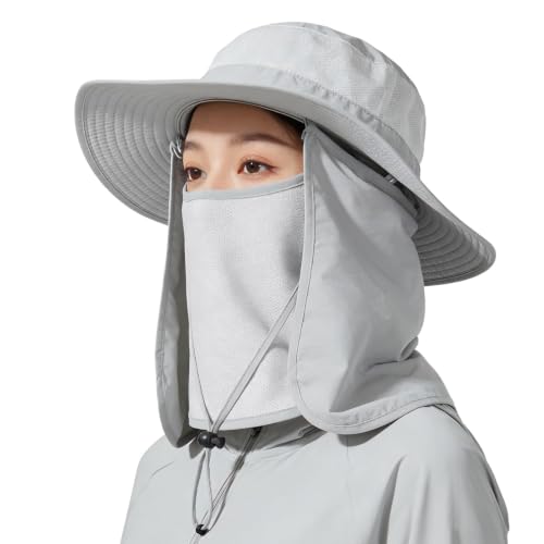 Fishing Hat, UPF 50+ Sun Cap with Detachable Mask - color: Light Grey