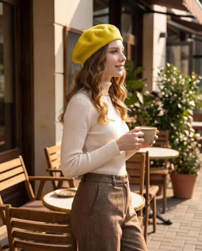 French Beret Hats for Women Men - Classic Wool Beanie Winter Cap - color: Yellow