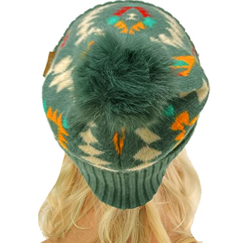 C.C Fur Pom Winter Fall Trendy Chunky Stretchy Cable Knit Beanie Hat - color: Aztec Forest Green