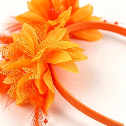 Orange Flower Headband, Floral Feather Hairband with Pearl Design Party Headband for Women Wedding Headpiece Fascinator Party Hair Accessories Carnival Hair Hoop - color: Orange