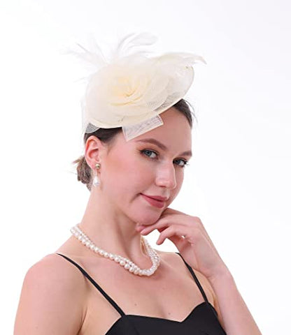 Fascinator Hat with Feather and Mesh – Floral Headpiece for Tea Party, Wedding, Cocktail Event - color: Beige