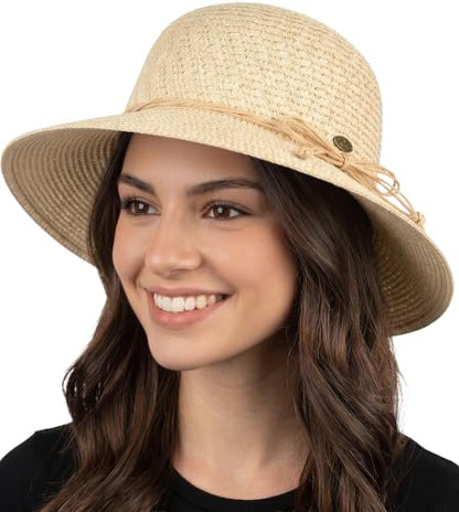 Funky Junque Wide Brim Panama Sun Hat, Womens Packable Straw - color: Twisted Straw Rope Trim - Beige Mix