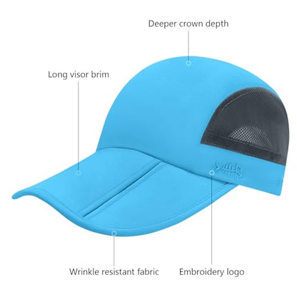 BASSDASH Folding Fishing Baseball Cap UPF 50+ Water Resistant Outdoor Portable Brim Hats for Women Men Hiking Adjustable - color: Cyan Blue
