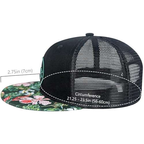 BASSDASH Flat Brim Trucker Cap Adjustable Snapback Hat Mesh Back for Men Women - color: Black/Tropical Flower