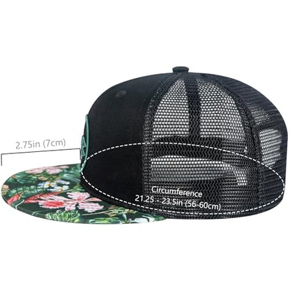 BASSDASH Flat Brim Trucker Cap Adjustable Snapback Hat Mesh Back for Men Women - color: Black/Tropical Flower