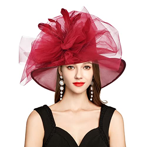 2026 Derby Hat, Classy Sun Hats for Women Ladies, Organza Feather Kentucky Fascinator for Tea Party Church UV Protection - color: 5i3120-burgundy