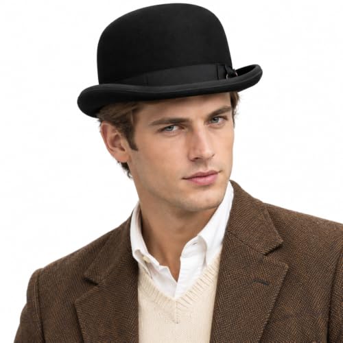 Mens 100% Wool Black Bowler Derby Hat Satin Lined Fedora Party Costume Hat - size: 7 1/8