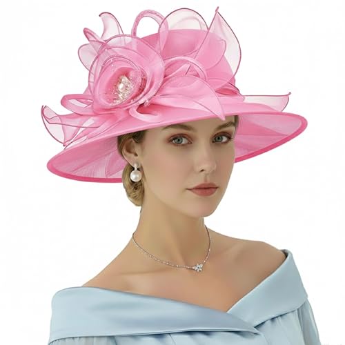 DRESHOW Women Organza Hat Church Cap Hats Clearance Kentucky Derby Cocktail Tea Party Wedding Flower Hat with Wide Brim - color: Flower Hat: Pink