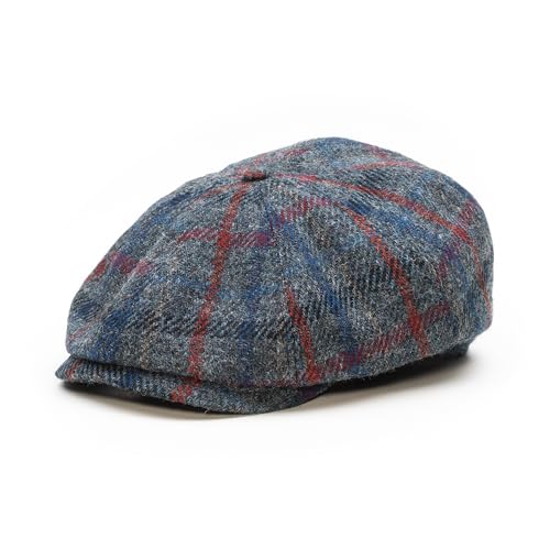 Sterkowski Shelby | 100% Harris Tweed Newsboy Cap for Men | 8 Panel Peaky Style Hat - color: Gray/Blue/Red, size: 7