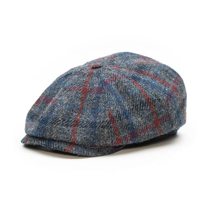 Sterkowski Shelby | 100% Harris Tweed Newsboy Cap for Men | 8 Panel Peaky Style Hat - color: Gray/Blue/Red, size: 7