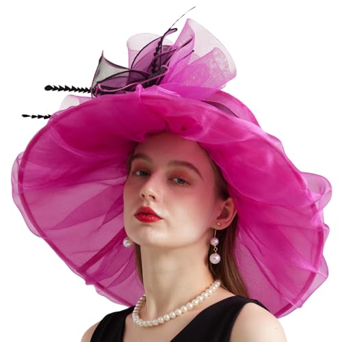 Women Organza Church Derby Hat Wide Brim Sun Caps for Wedding Tea Party Hat with Detachable hat Flower as Headgear - color: 10-rose Red