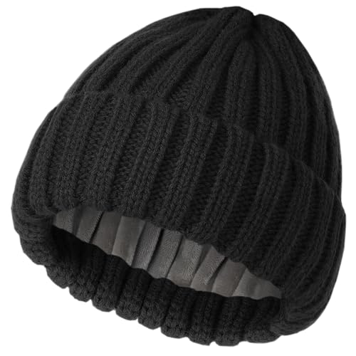 Fleece Lined Wool Beanie Hat Women Men,Winter Knit Chunky Snow Cap - color: 1-black