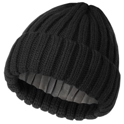 Fleece Lined Wool Beanie Hat Women Men,Winter Knit Chunky Snow Cap - color: 1-black