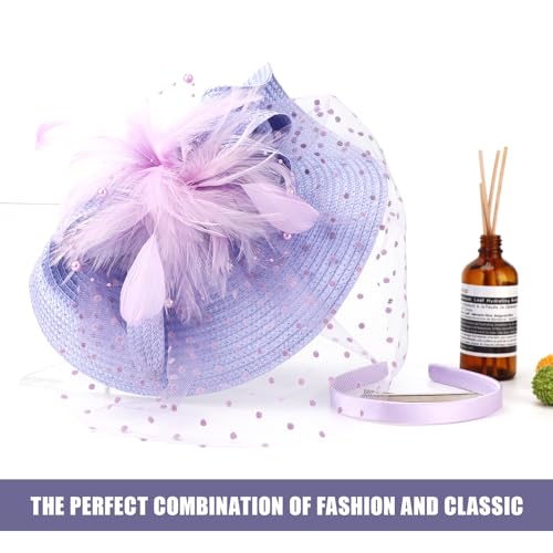 DRESHOW Fascinators Hat Flower Mesh Feathers Hat with a Headband and a Clip 7.9" Tea Party Headwear for Women - color: 1 Pack Folded Style 1: Lavender / 7.9"