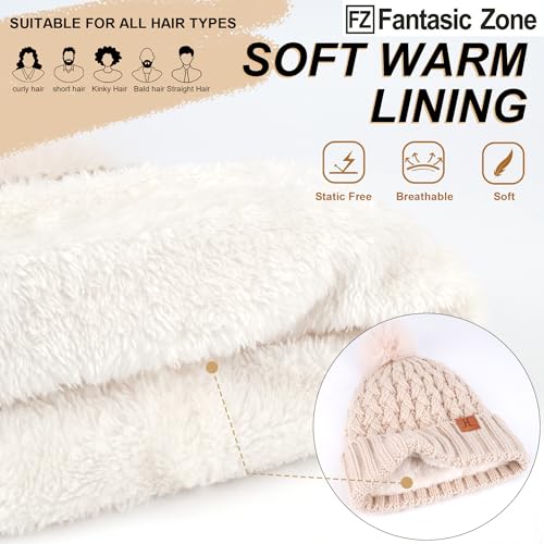 FZ FANTASTIC ZONE Winter Beanie Hats for Women Fleece Lined Knit Pompom Hat - color: Oatmeal