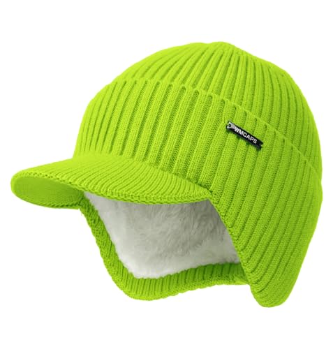 Wmcaps Winter Beanie with Brim & Ear Flaps, Fleece Lined Hat for Men Women - color: Fluorescent Green
