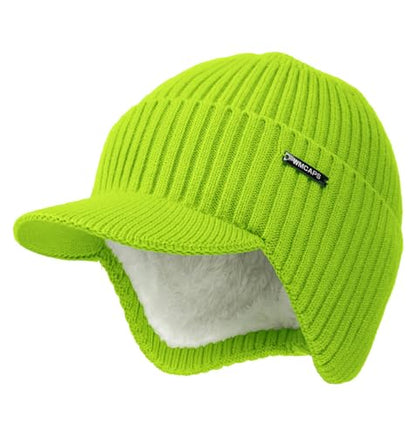 Wmcaps Winter Beanie with Brim & Ear Flaps, Fleece Lined Hat for Men Women - color: Fluorescent Green