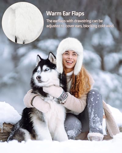 Peicees Winter Fur Hat for Women, Ladies Russian Ushanka Furry Trapper Hat with Warmer Ear Flaps and Glitter Silver Design - color: Beige