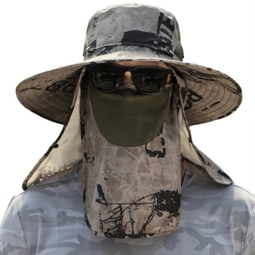 Men Women Safari Bucket Fishing Sun Hats Face Cover Neck Flap - color: Khaki Ink Wash