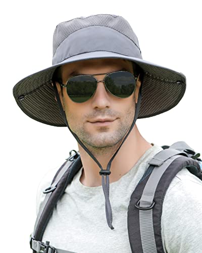 Mens Sun Hat Wide Brim Breathable Mesh UPF 50+ Waterproof Fishing Hat Safari Hat Foldable Boonie Cap - color: Deep Gray